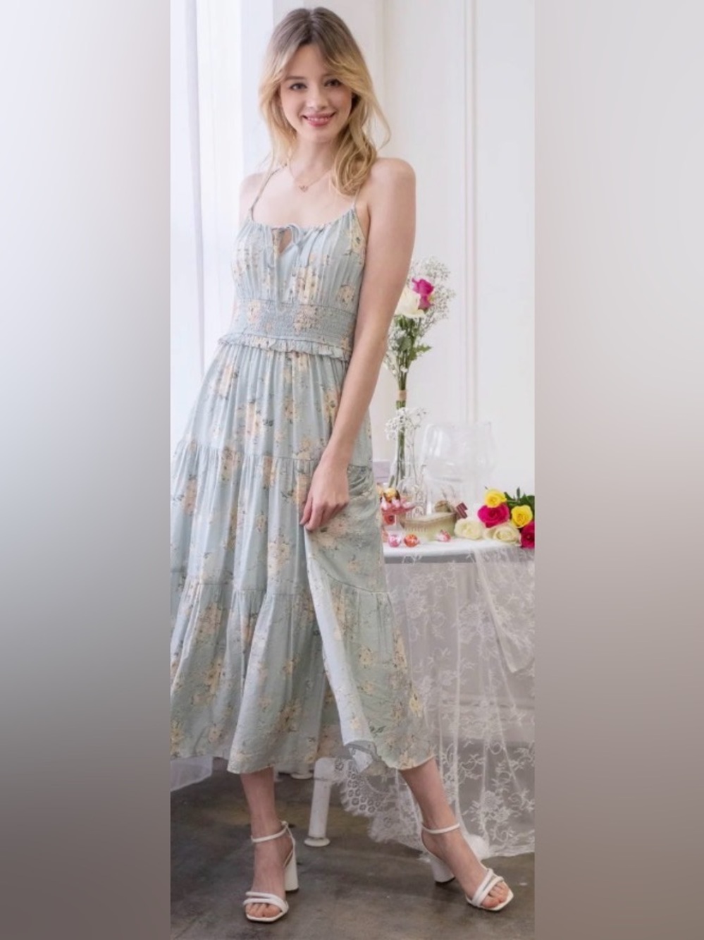 By the River Floral Smocked Tiered Midi Sundress w Vintage Cream & Pink Floral - Picture 16 of 16